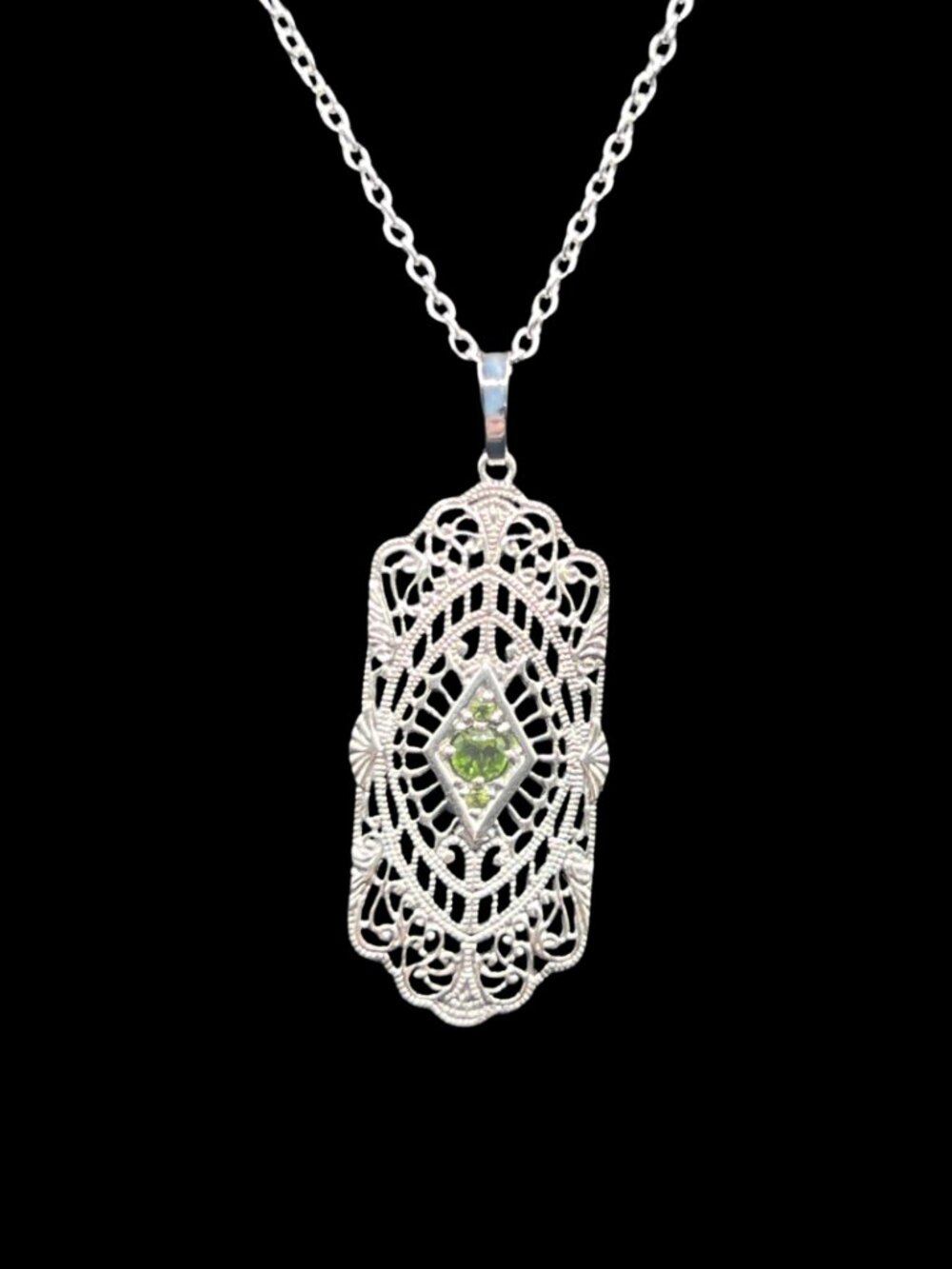 Art Deco Revival Sterling Silver Filigree and Green Peridot Pendant Necklace